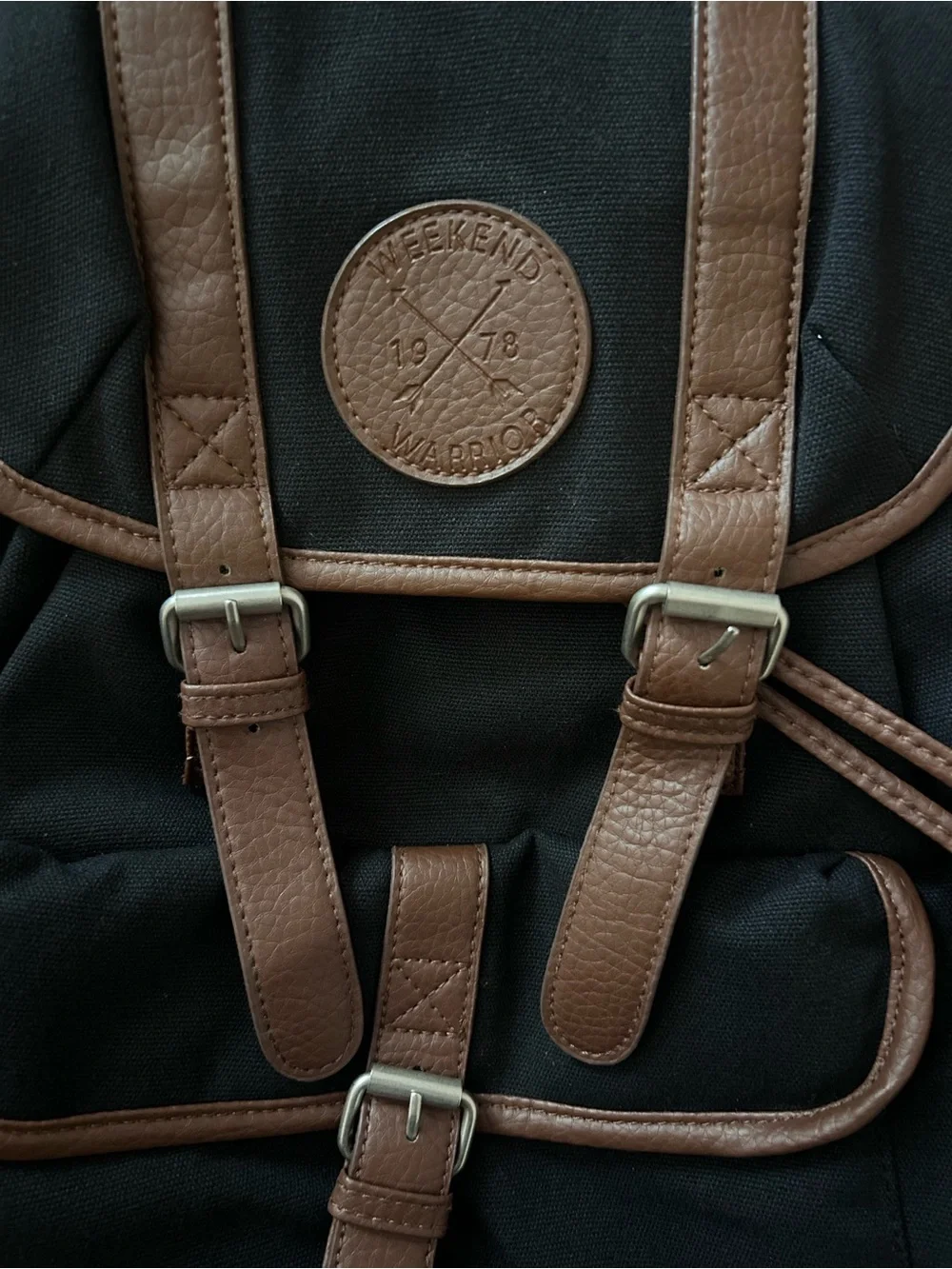 Unisex Empyre Black Canvas Backpack, Brown Faux Leather Buckle Straps, NWT